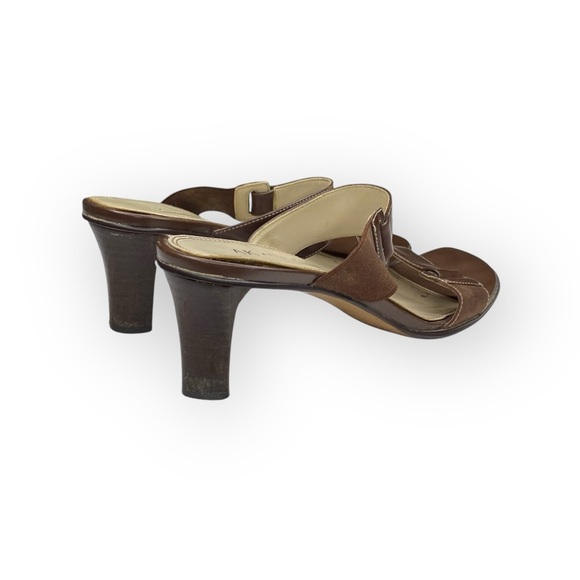 Vintage: Anne Klein 𖧷 Chunky Wood Heel Mules Sandals 𖧷 Brown Leather 𖧷 7.5M - Picture 2 of 16